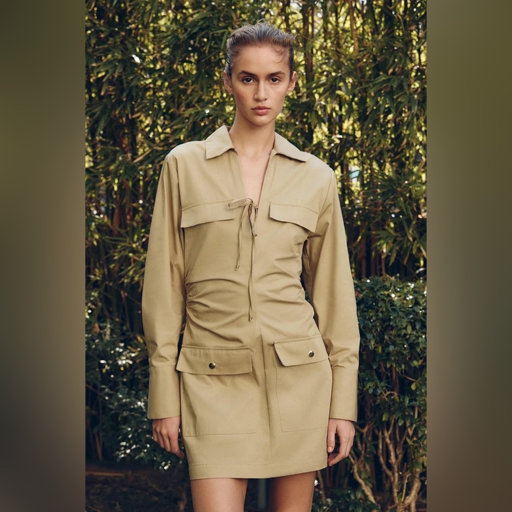 ZARA M Cotton Poplin Safari Pockets Dress | NWT | Tan